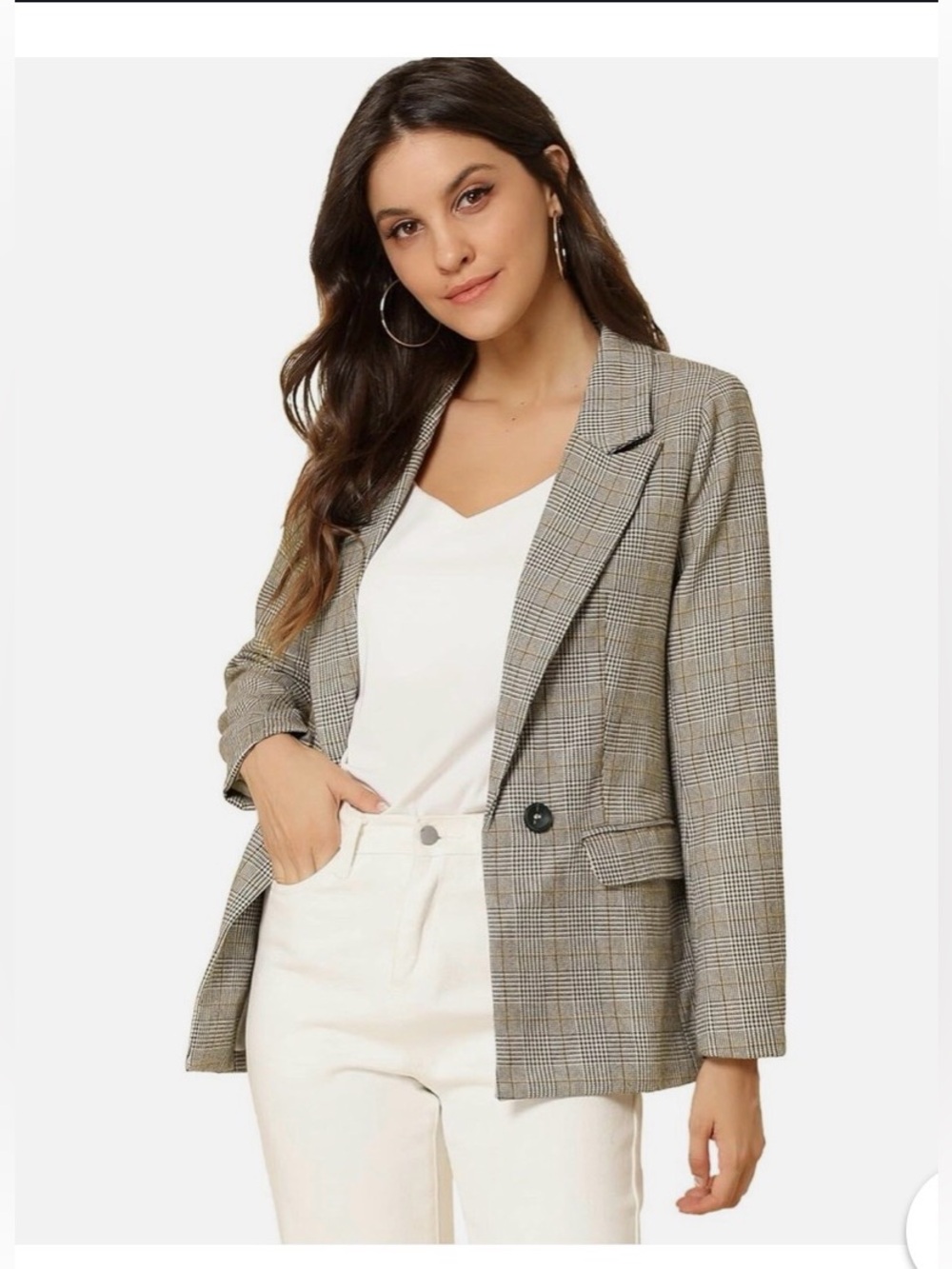 Allegra K Glen Plaid Single-Button Blazer in Beige and Black
